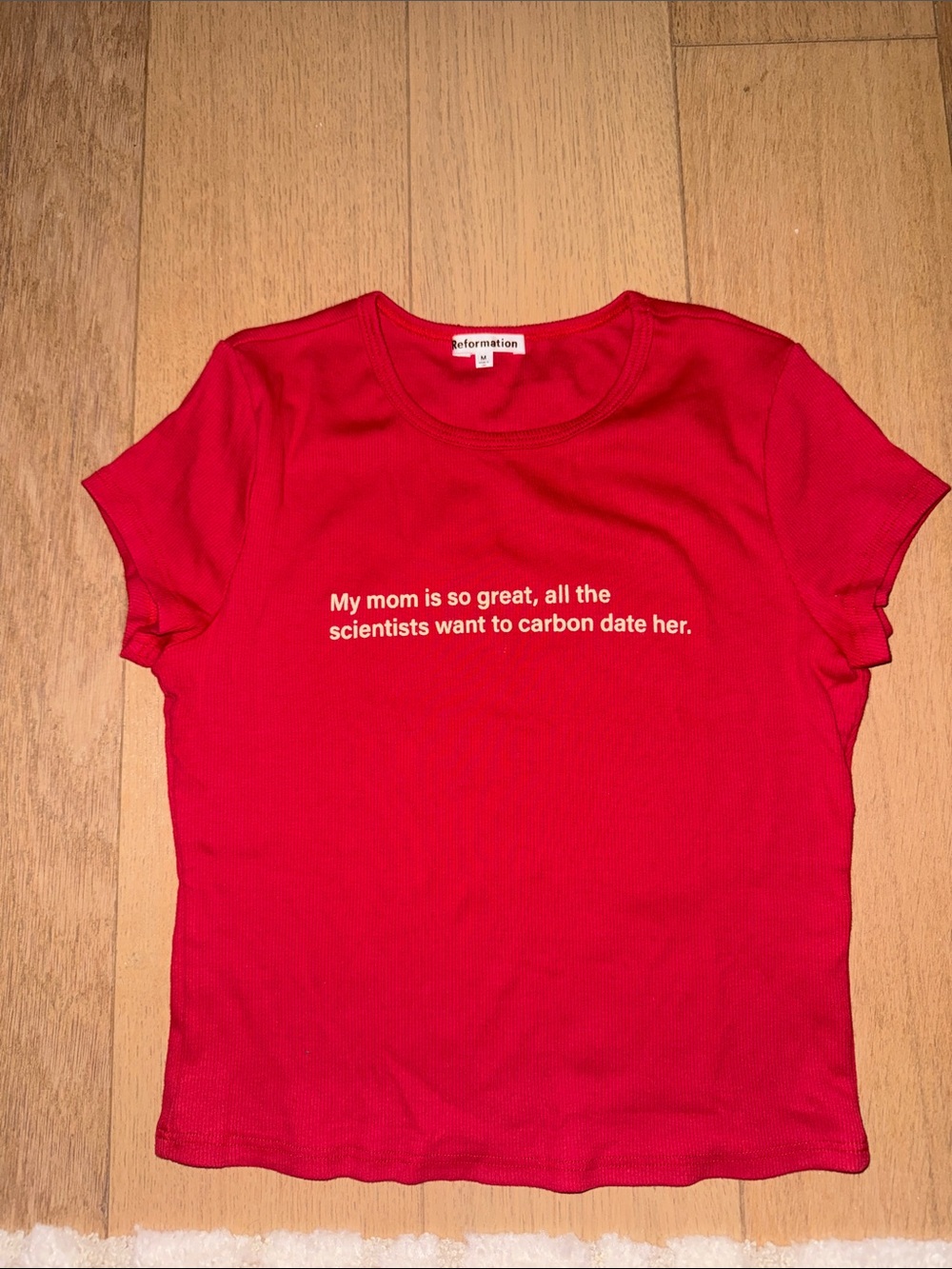 Reformation Red Ribbed Graphic Tee with White Text